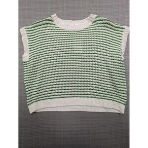 Knit Mix Sweater Vest Womens Large White Green Stripe Crew Neck Waffle Knit